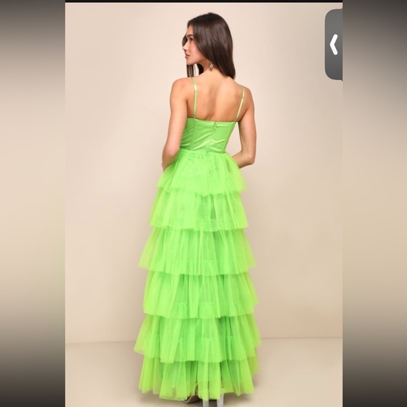 Lulus Rule the Runway Lime Green Tulle Bustier Straps Prom Tiered Maxi Dress M/L - Picture 3 of 15